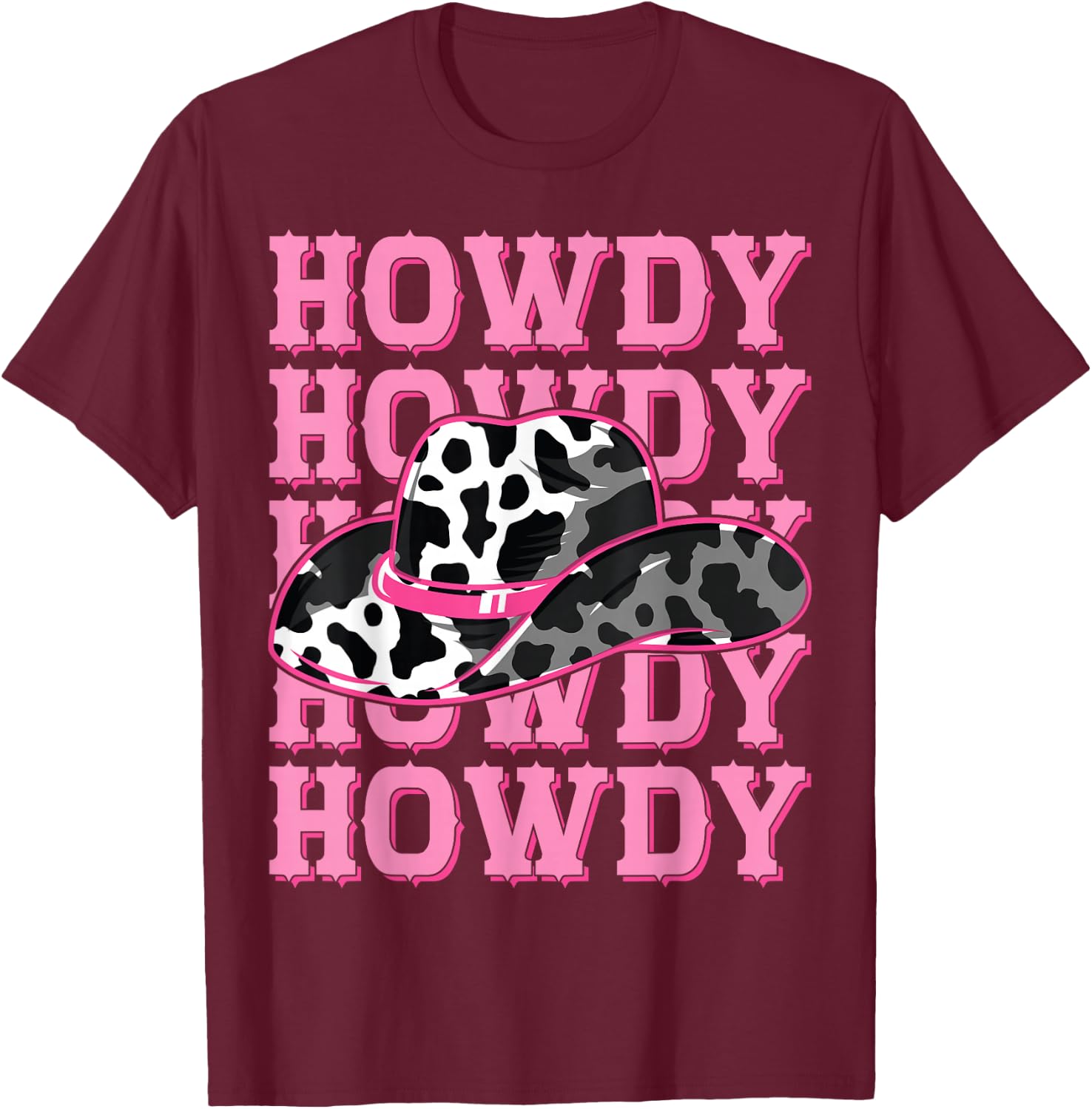 HOWDY - Country Southern Western Pink Texas Cow pattern T-Shirt - T-Shirt | Maroon