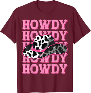 HOWDY - Country Southern Western Pink Texas Cow pattern T-Shirt - T-Shirt | Maroon