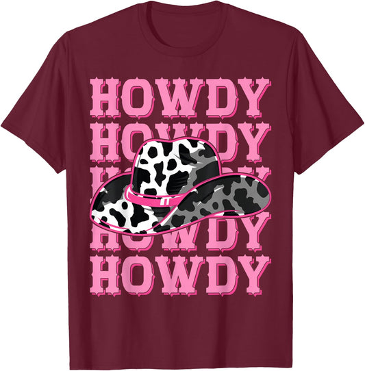 HOWDY - Country Southern Western Pink Texas Cow pattern T-Shirt - T-Shirt | Maroon
