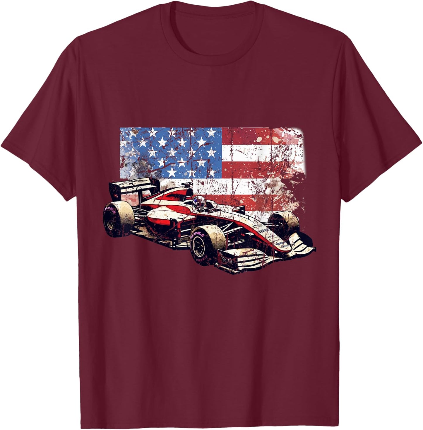 Vintage Auto Racing Car American Flag 4th of July, Auto Race T-Shirt - T-Shirt | Maroon