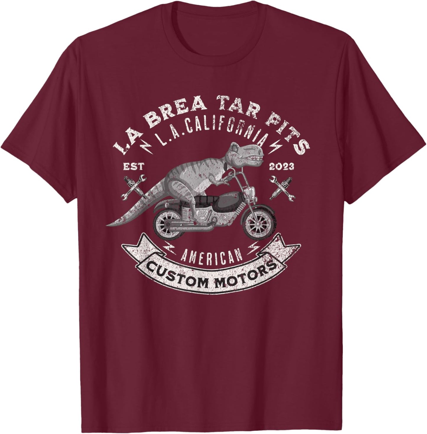 Motorcycle Biker La Brea Tar Pits L.A. California T-Rex T-Shirt - T-Shirt | Maroon