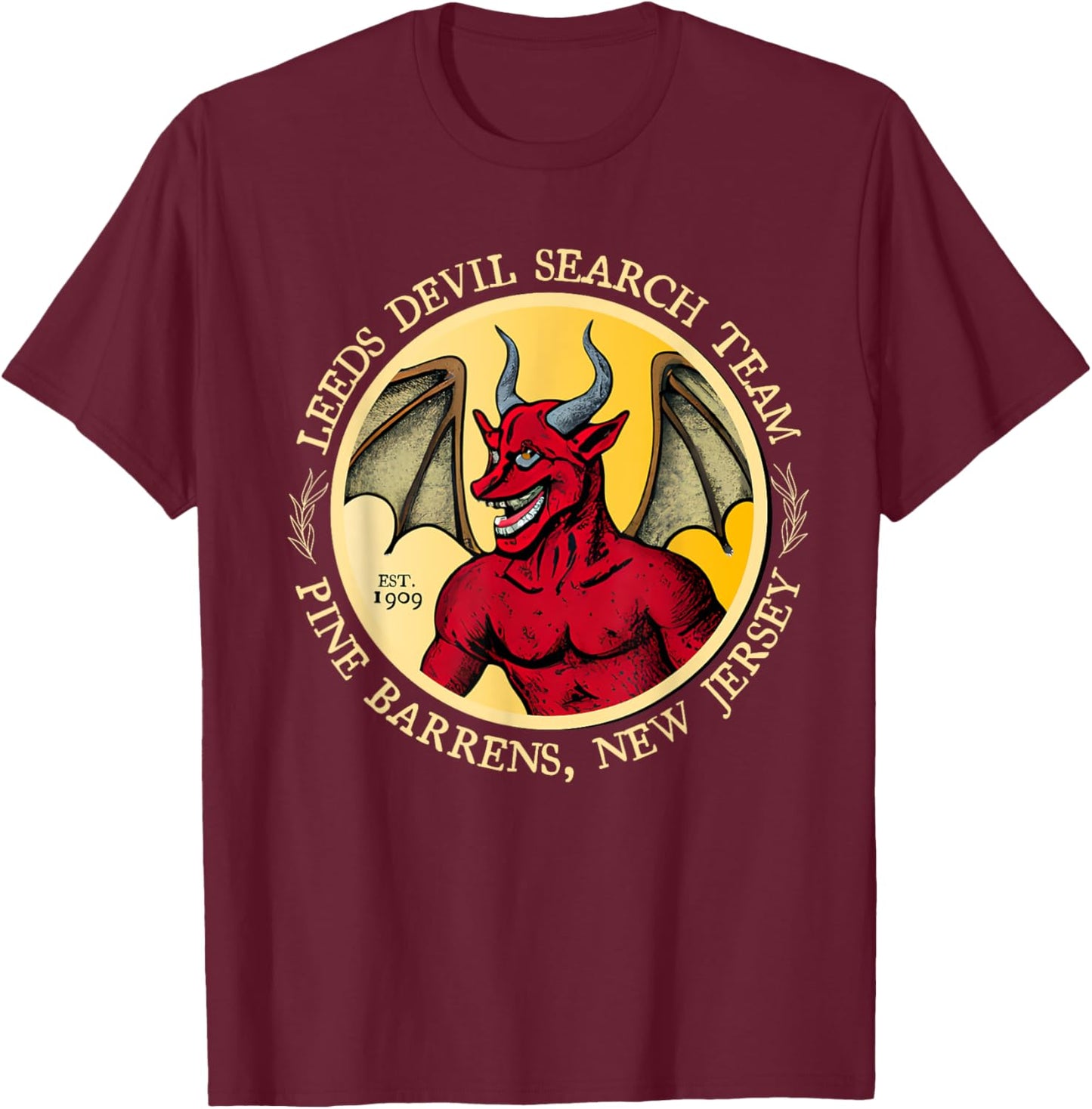Leeds Devil Search Team Est 1909 Pine Barrens New Jersey T-Shirt - T-Shirt | Maroon