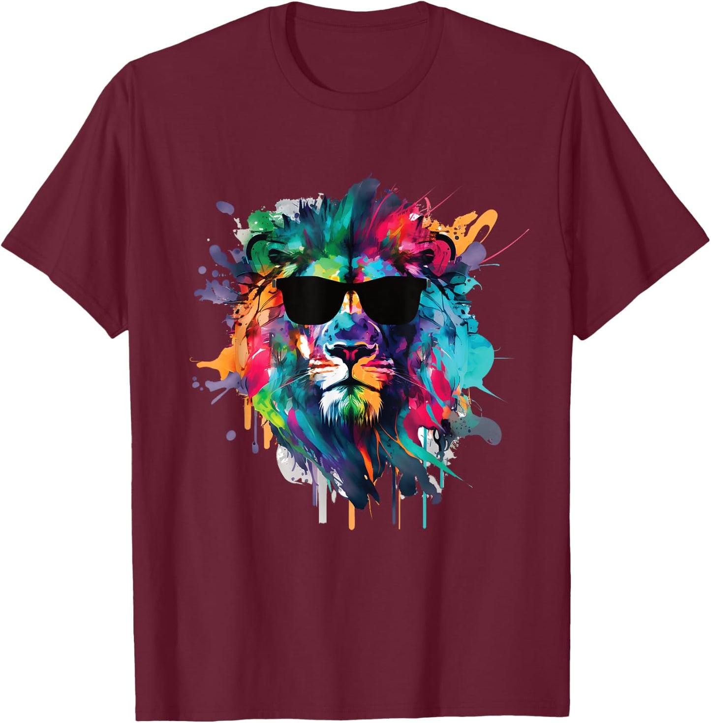 African Lion s Cool Water Color s Lion with Sun Glasses T-Shirt - T-Shirt | Maroon