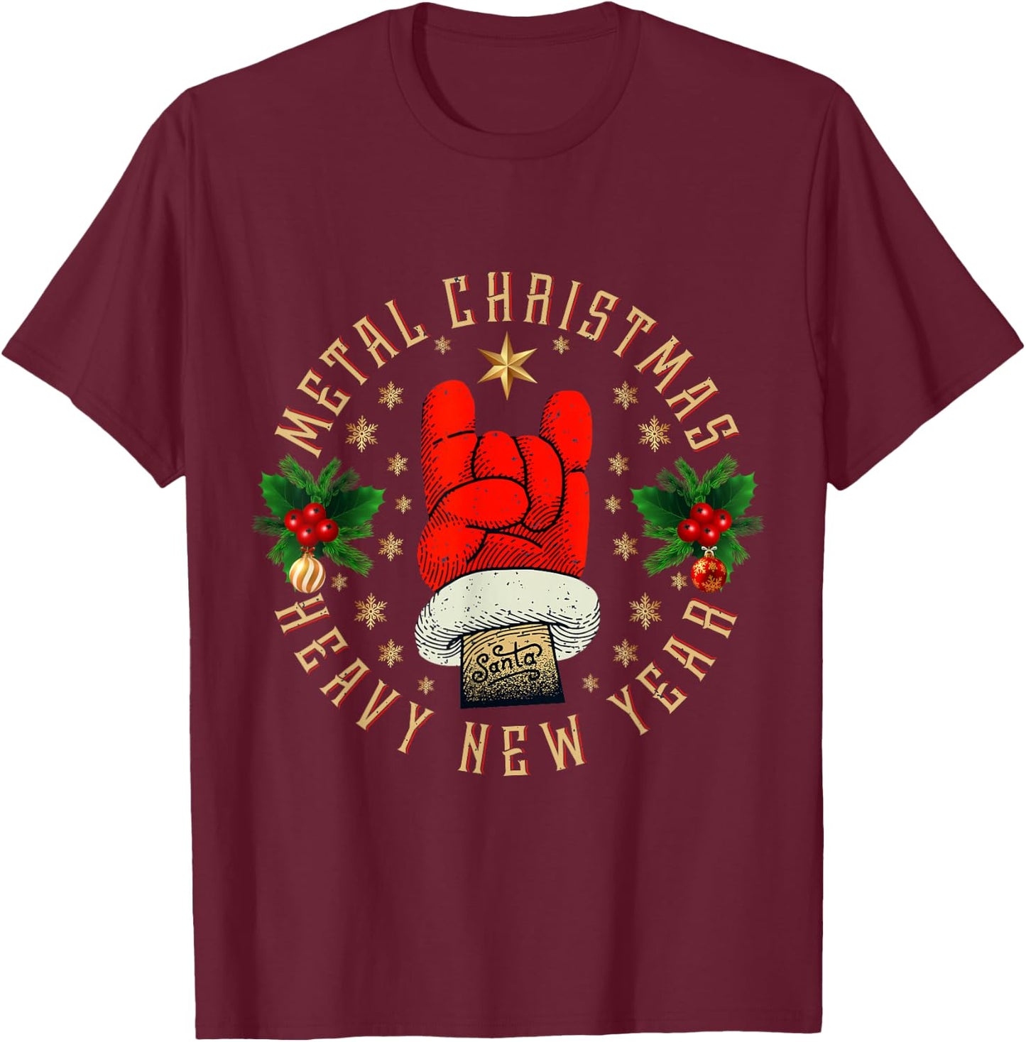 Metal Christmas Heavy New Year, Rock & Roll Santa Clause T-Shirt - T-Shirt | Maroon