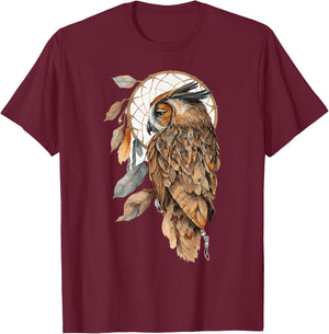 Owl Tribal Watercolor Owl Dream Catcher T-Shirt - T-Shirt | Maroon