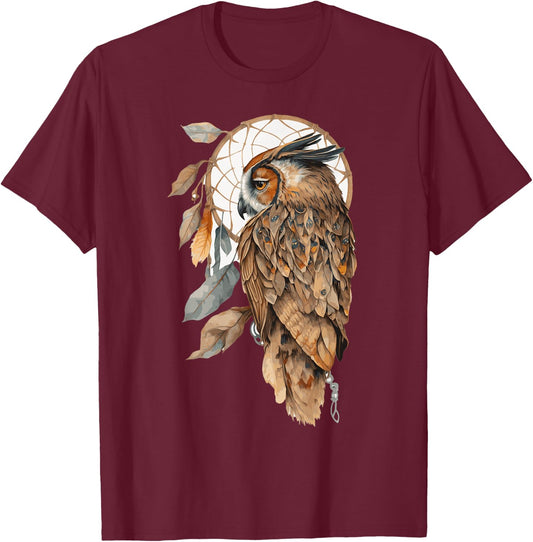 Owl Tribal Watercolor Owl Dream Catcher T-Shirt - T-Shirt | Maroon