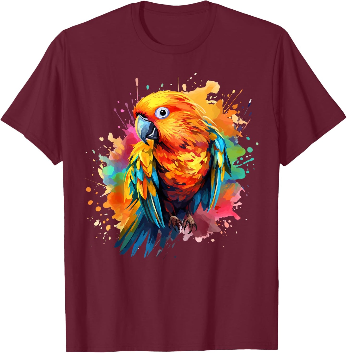 Splash Art Sun Conure Parrot Lover Colorful T-Shirt - T-Shirt | Maroon