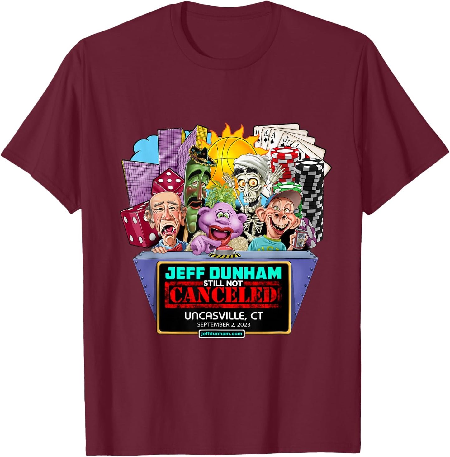 Jeff Dunham Uncasville, CT (2023) T-Shirt - T-Shirt | Maroon