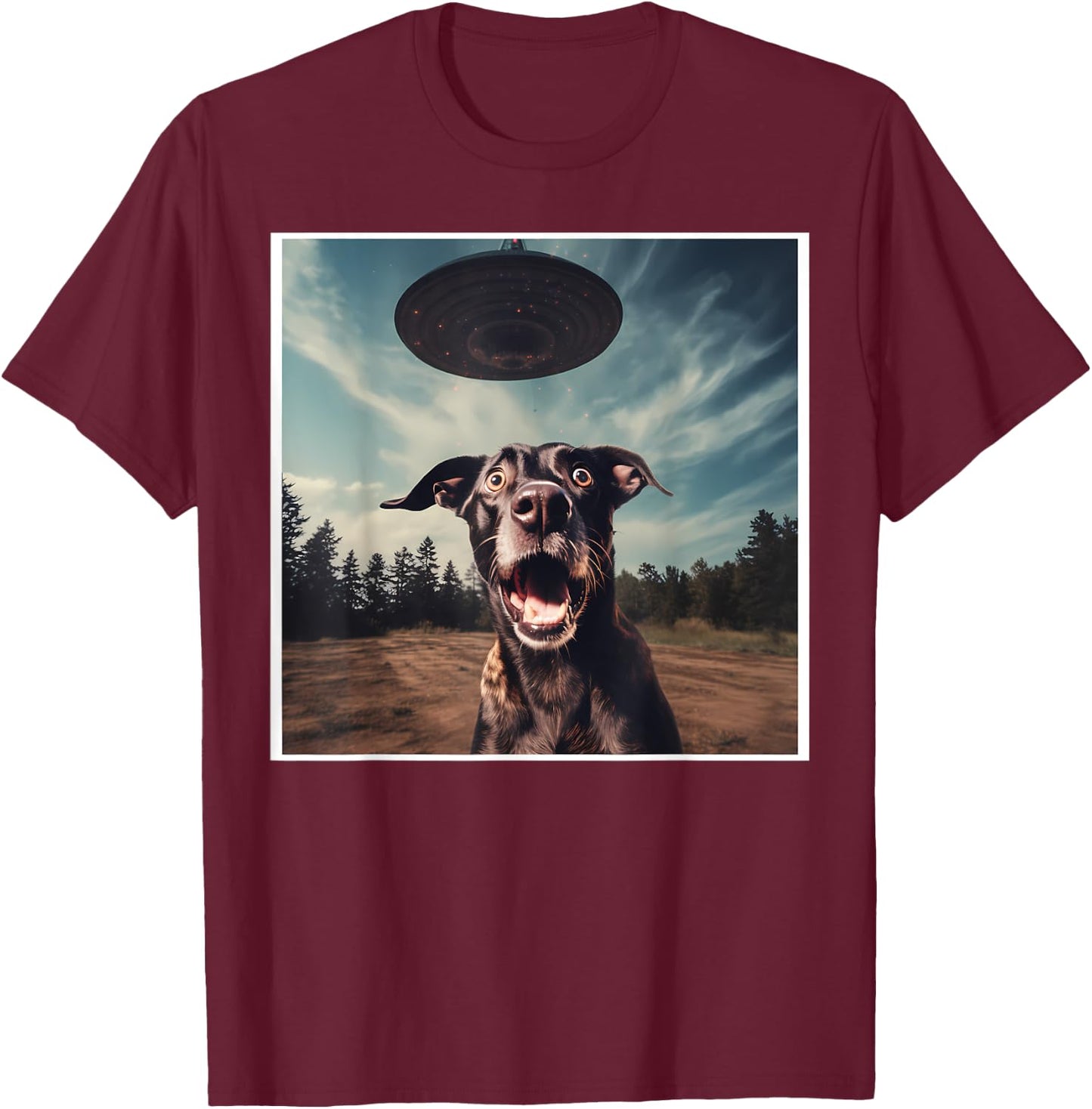 Dog Selfie with UFOs Alien Extraterrestrial UFO Believer Men Women T-Shirt - T-Shirt | Maroon