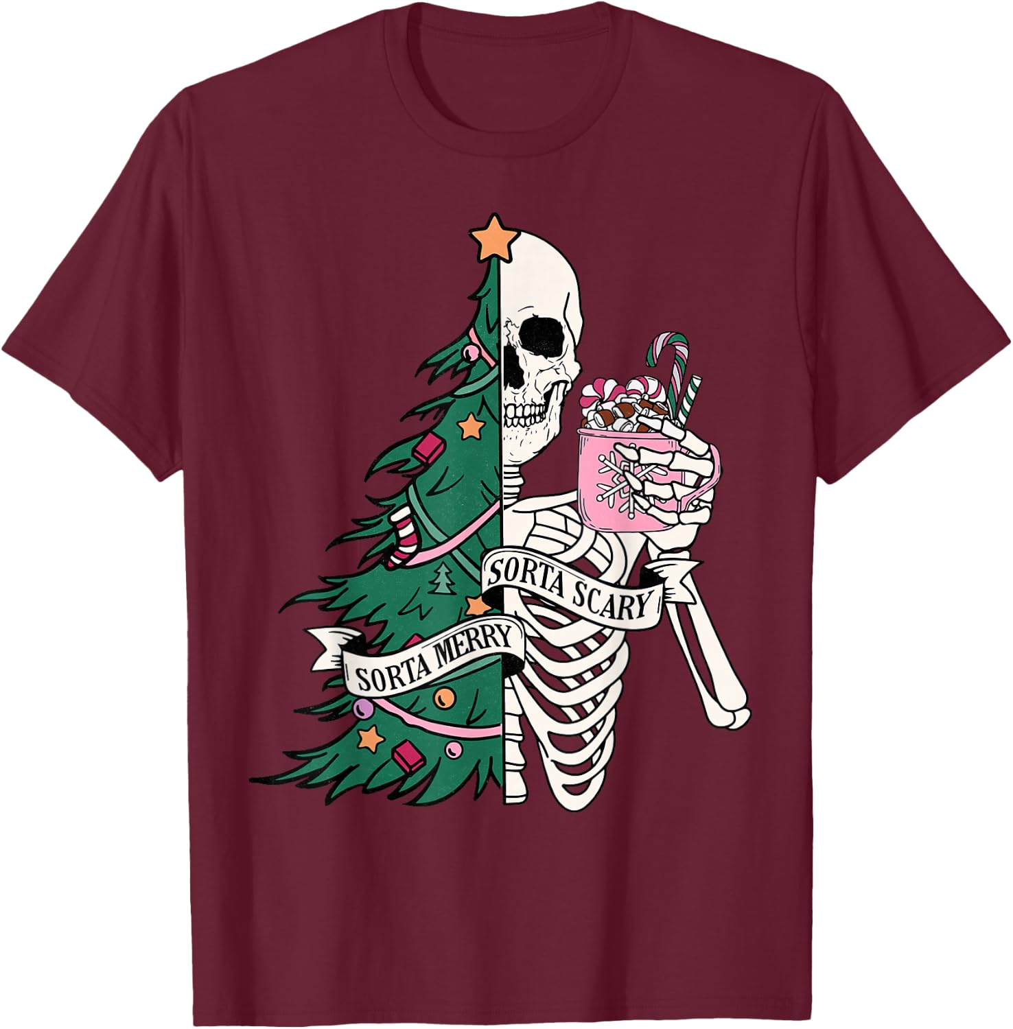 Funny Christmas Sorta Merry Sorta Scary Skeleton Xmas Tree T-Shirt - T-Shirt | Maroon