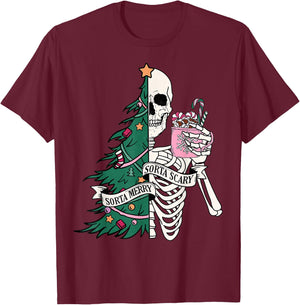Funny Christmas Sorta Merry Sorta Scary Skeleton Xmas Tree T-Shirt - T-Shirt | Maroon