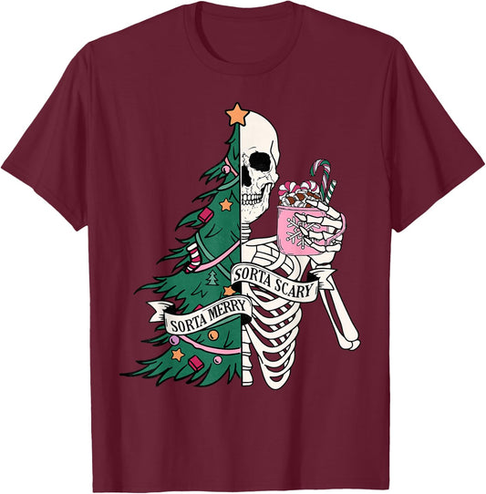 Funny Christmas Sorta Merry Sorta Scary Skeleton Xmas Tree T-Shirt - T-Shirt | Maroon
