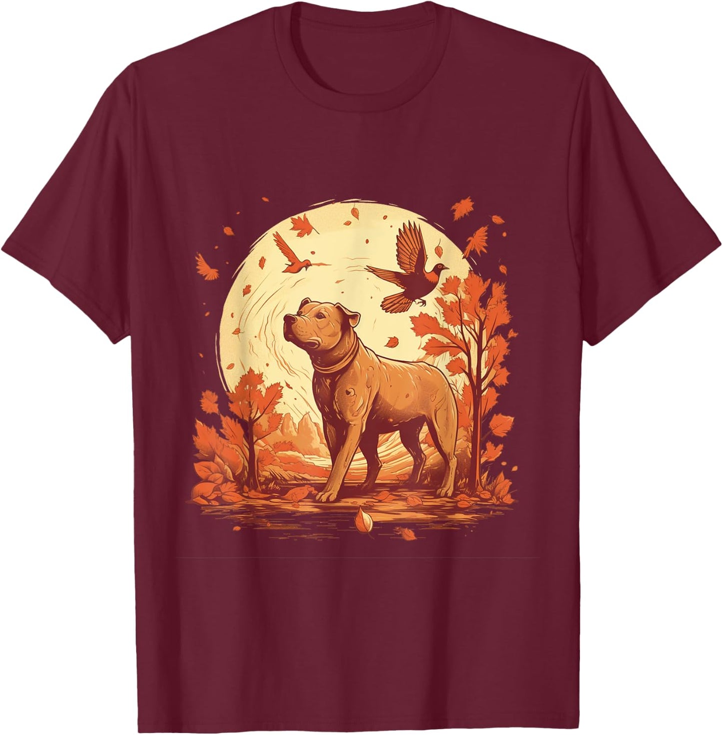 Pitbull Fall Leaves Thanksgiving Day Dog Lover Puppy Owner T-Shirt - T-Shirt | Maroon