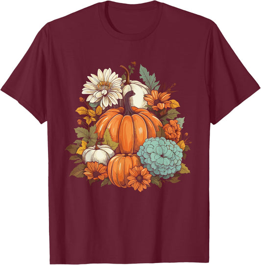 Cottagecore Pumpkins Flowers Fall Vibes Women's Graphic T-Shirt - T-Shirt | Maroon