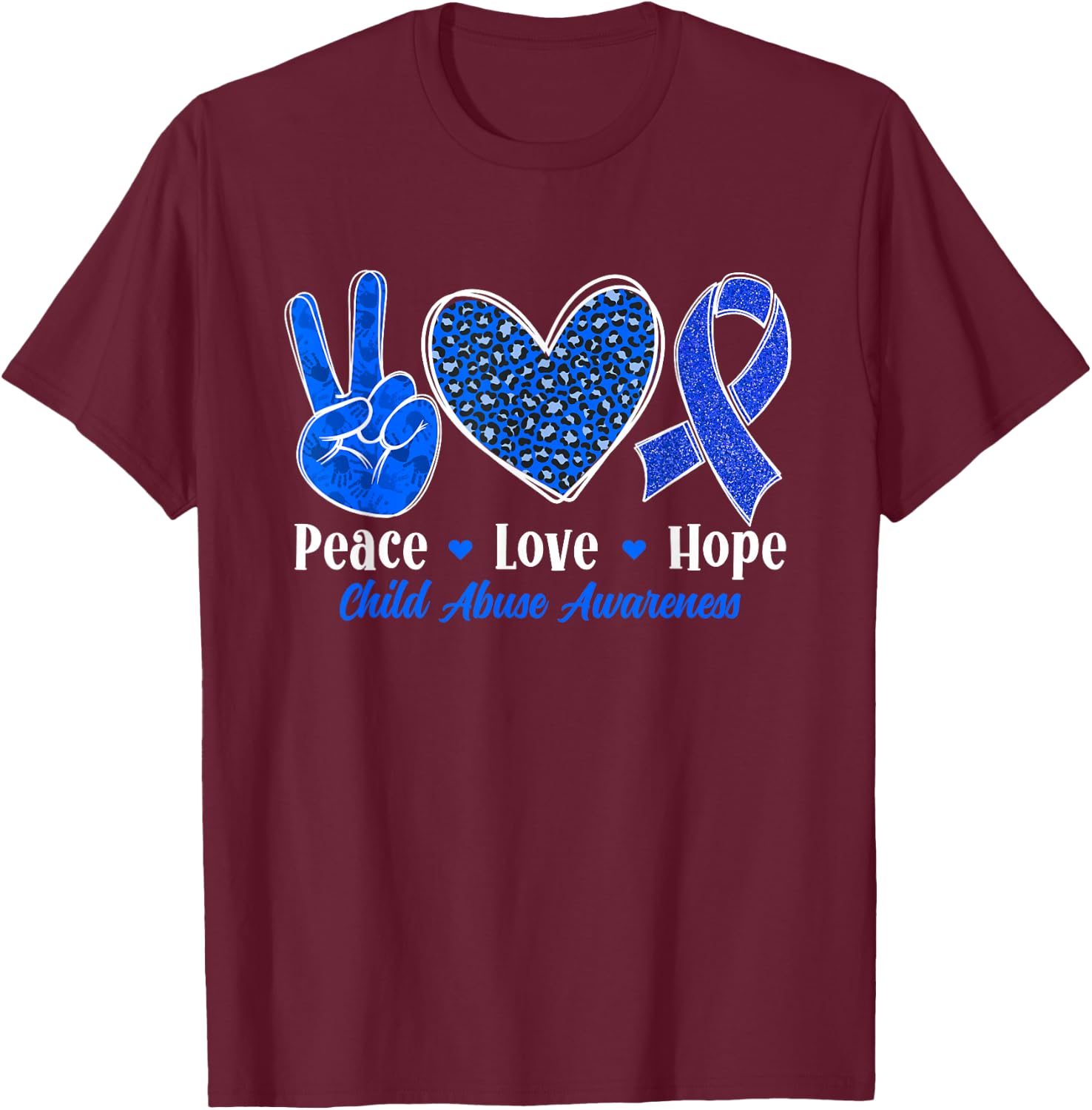 Peace Love Hope Child Abuse Prevention Awareness Month T-Shirt - T-Shirt | Maroon