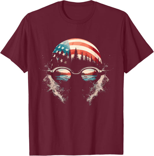Swimmer American Flag - Patriotic USA Swim Team Swimming T-Shirt - T-Shirt | Maroon