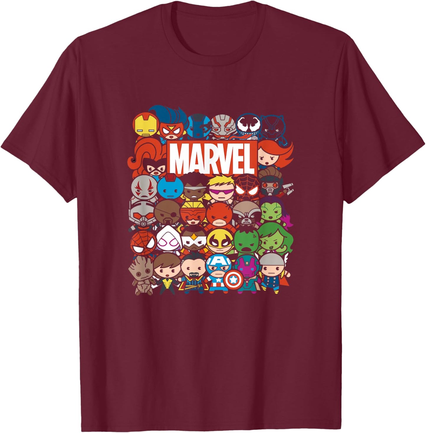 Marvel Kawaii Marvel Universe Super Heroes Chibi Group Shot T-Shirt - T-Shirt | Maroon