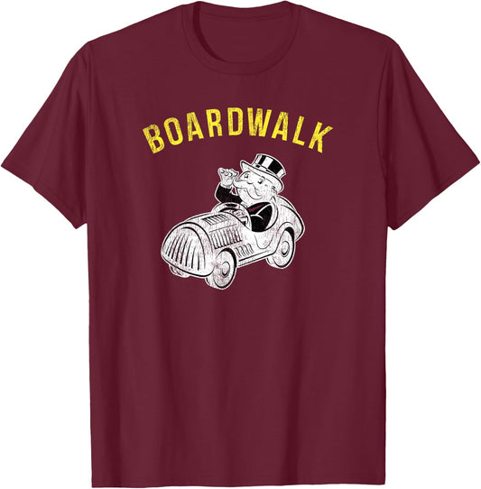 Monopoly Mr. Monopoly Boardwalk Car Ride Gaming Distressed T-Shirt - T-Shirt | Maroon