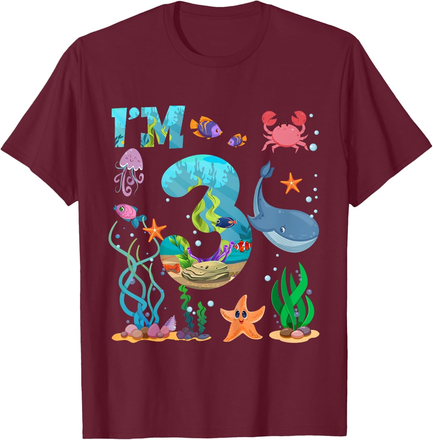 Kids 3 Year Old Boy Girl Sea Animals 3rd Birthday Kids T-Shirt - T-Shirt | Maroon