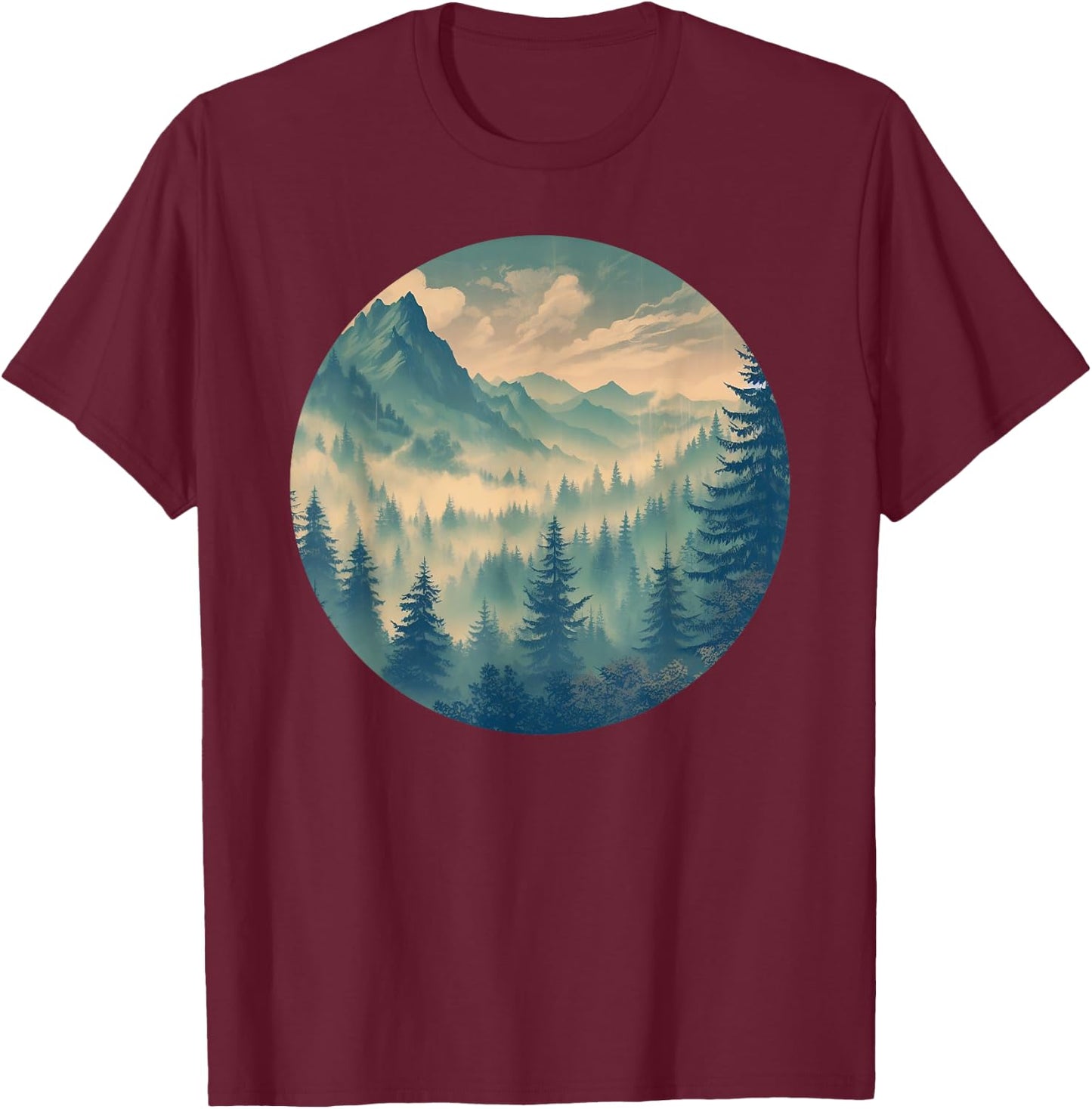 Foggy Forest Pine Tree Woods Green Nature T-Shirt - T-Shirt | Maroon