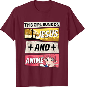 This Girl Runs On Jesus And Anime I Kawaii Otaku T-Shirt - T-Shirt | Maroon