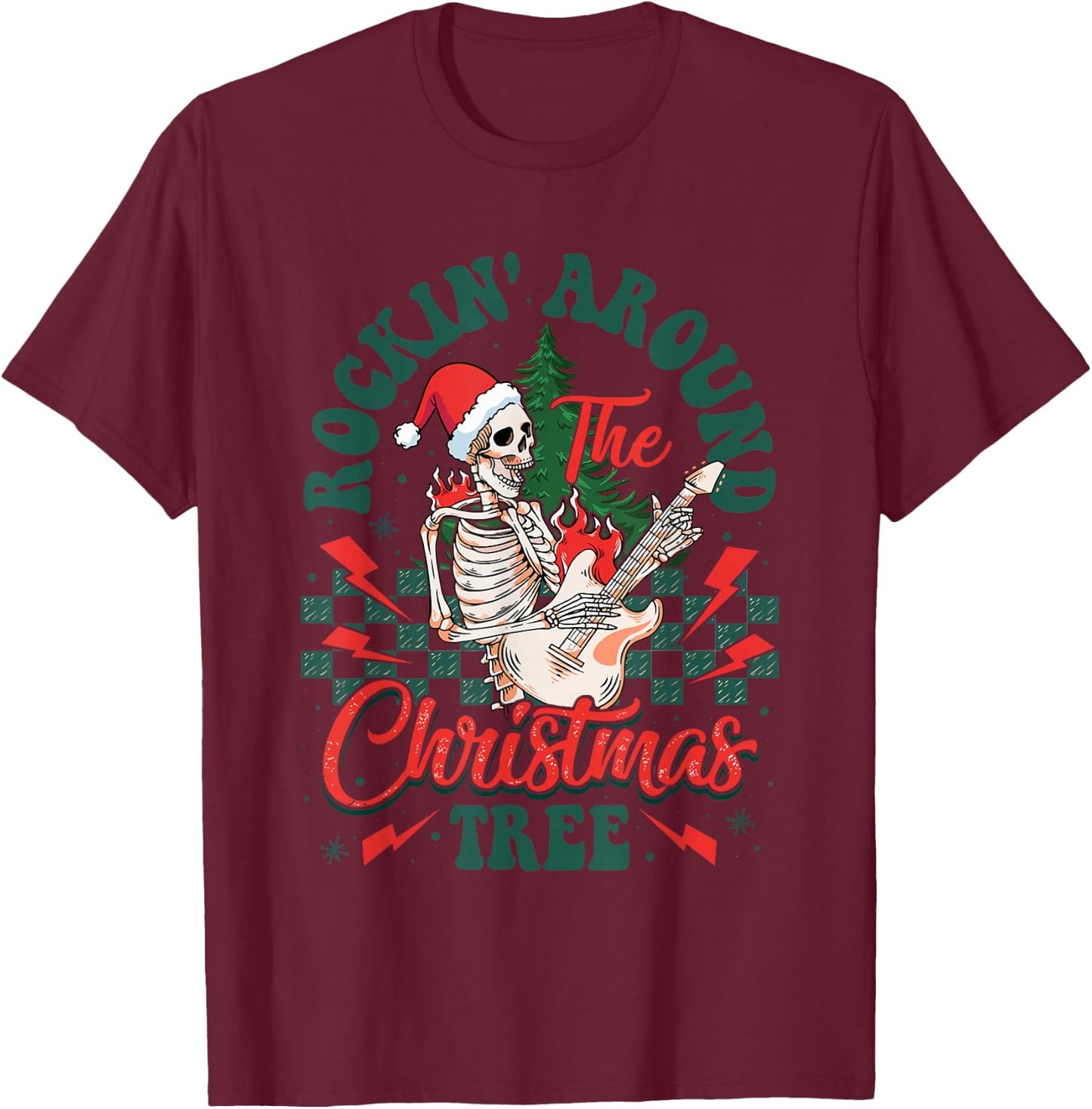 Retro Rockin Around The Christmas Tree Skeleton Plays Guitar T-Shirt - T-Shirt | Maroon