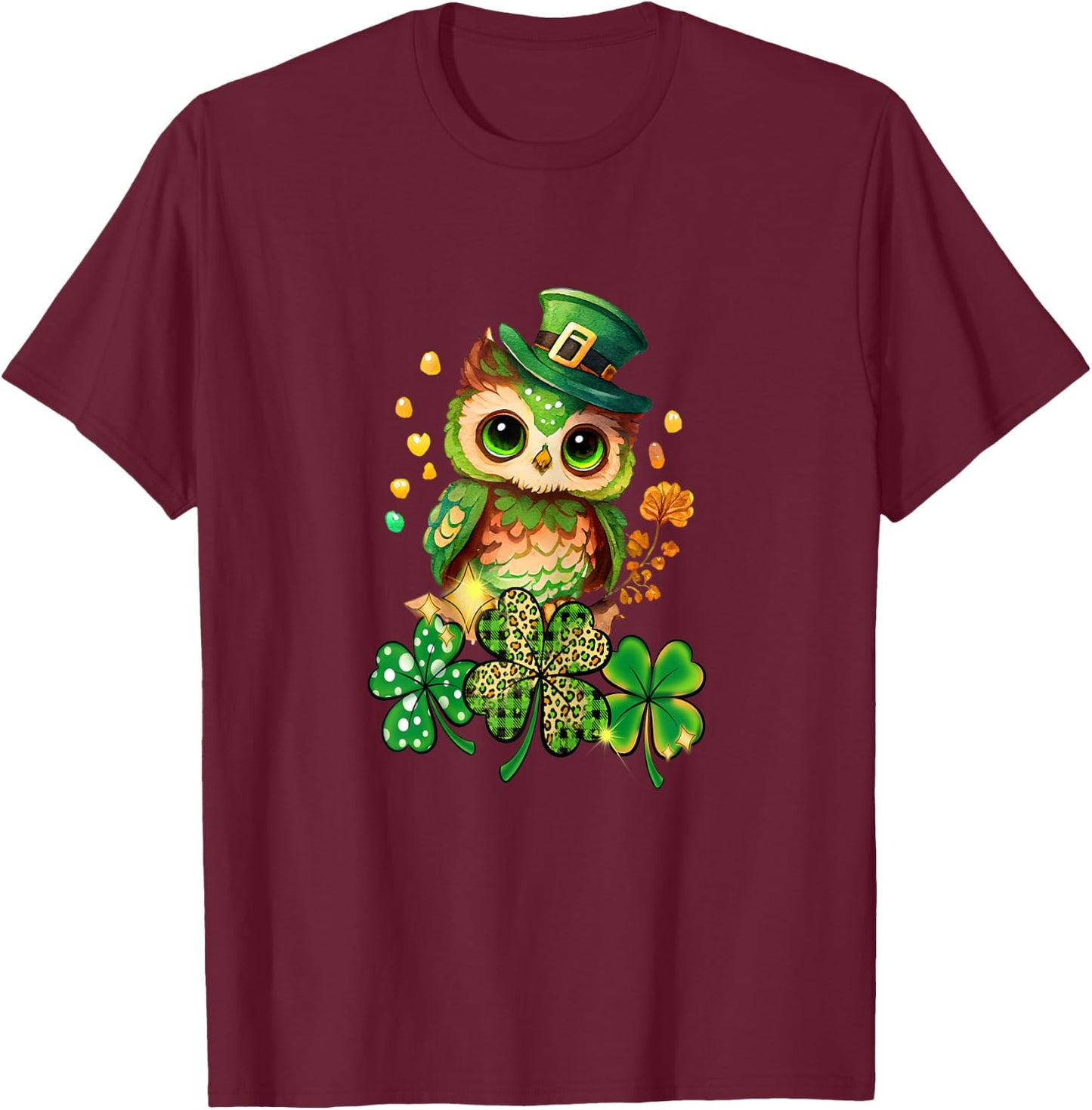 Chibi Owl Adorable St Patrick's Day Bird Lover Cute Clover T-Shirt - T-Shirt | Maroon