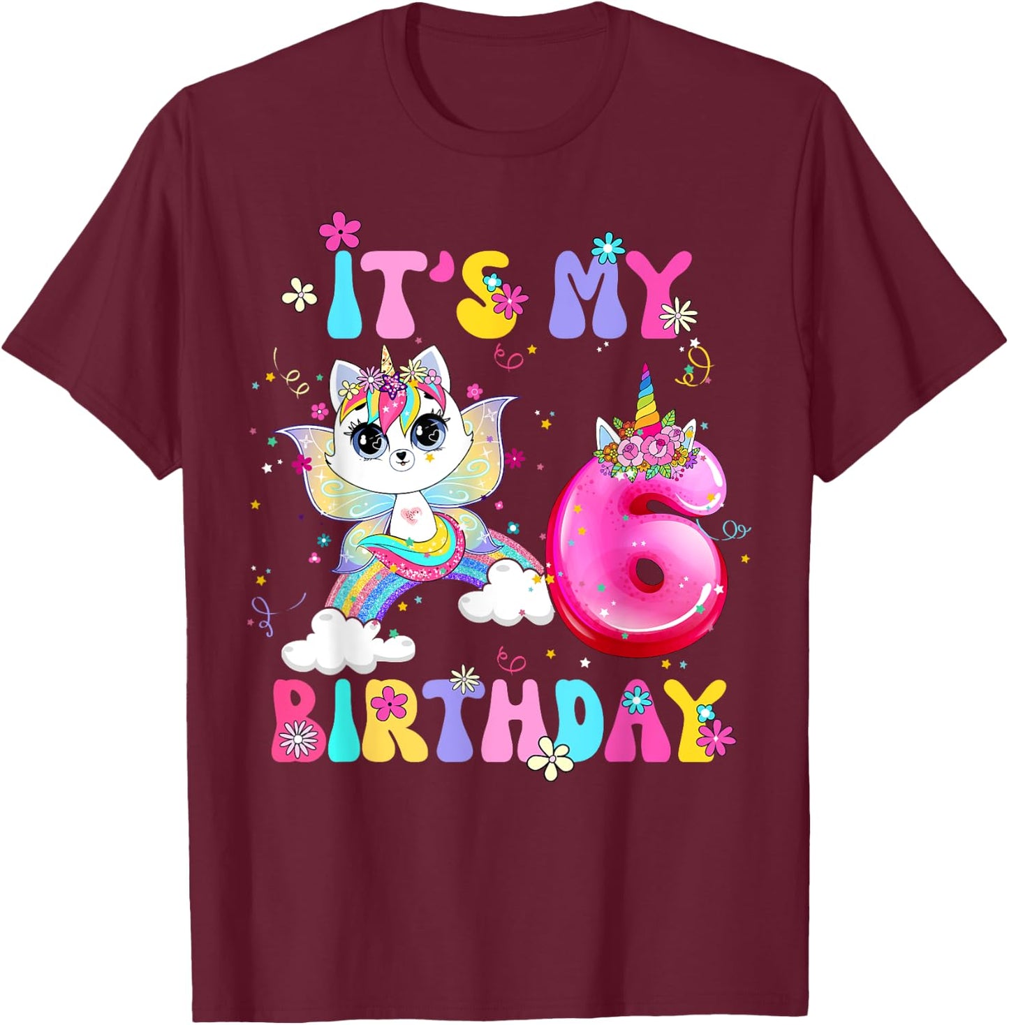 Kids 6th Birthday Cat Unicorn 6 Years Old Rainbow Girl Teens T-Shirt - T-Shirt | Maroon