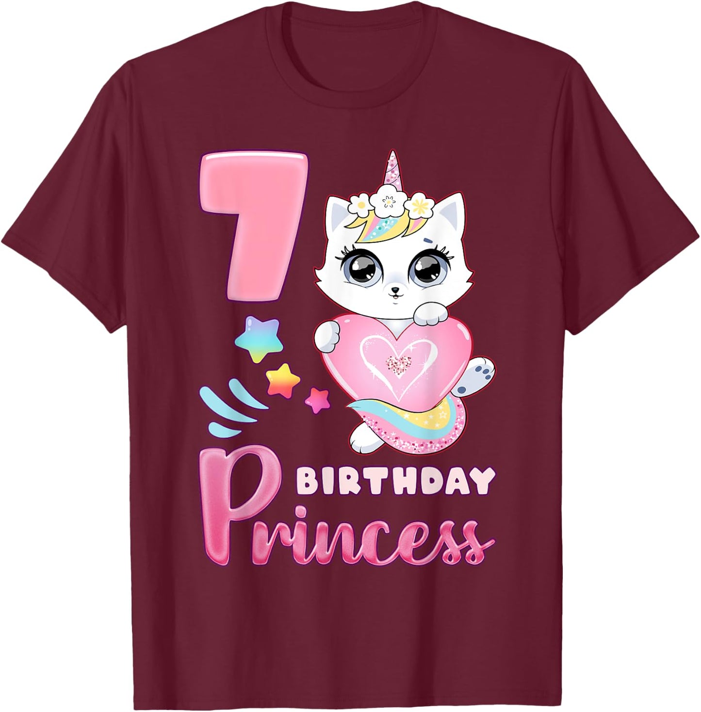 Girl, 7th birthday, unicorn cat, number 7 T-Shirt - T-Shirt | Maroon