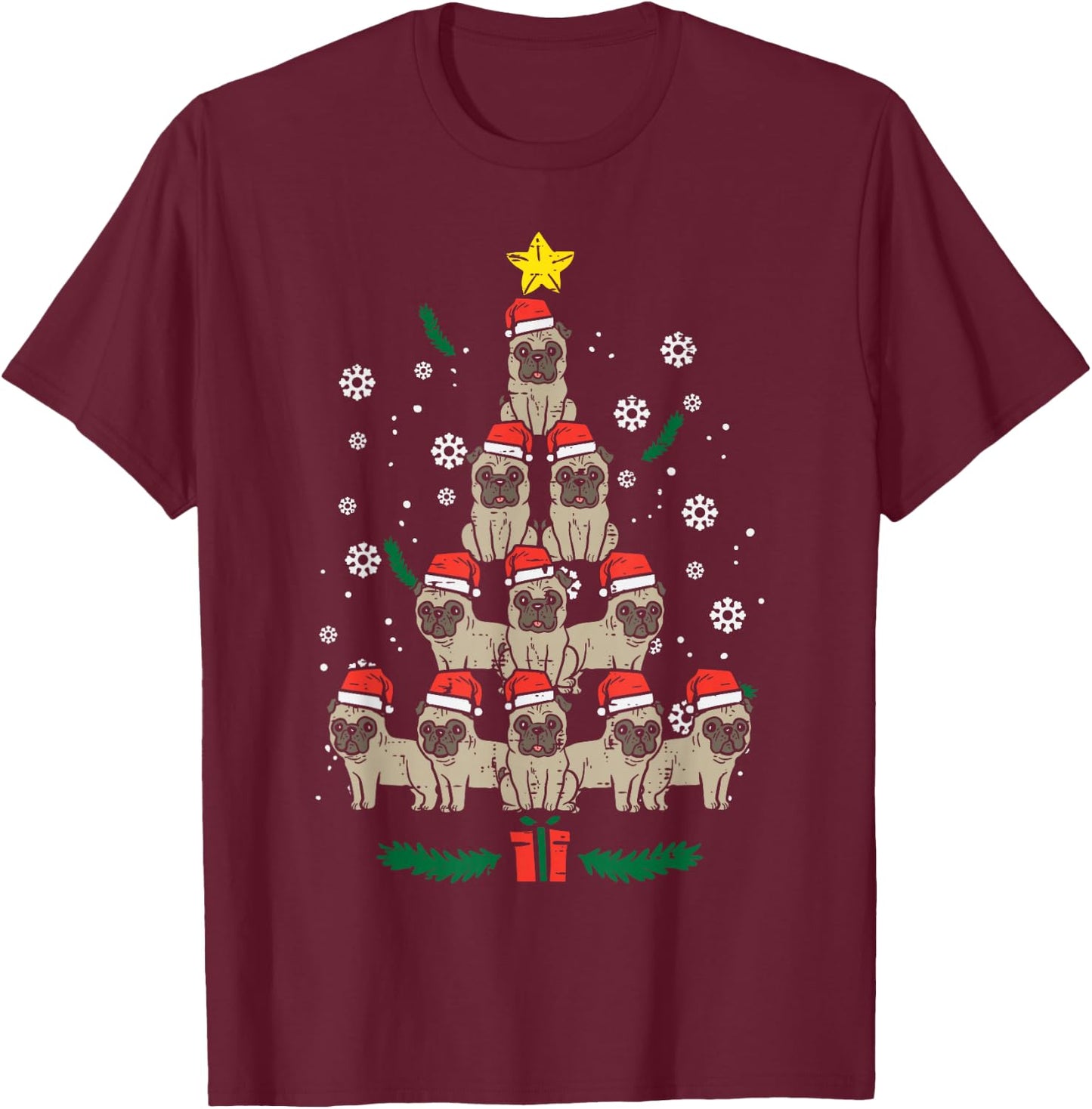 Pug Christmas Tree Dog Xmas Men Women Kids T-Shirt - T-Shirt | Maroon