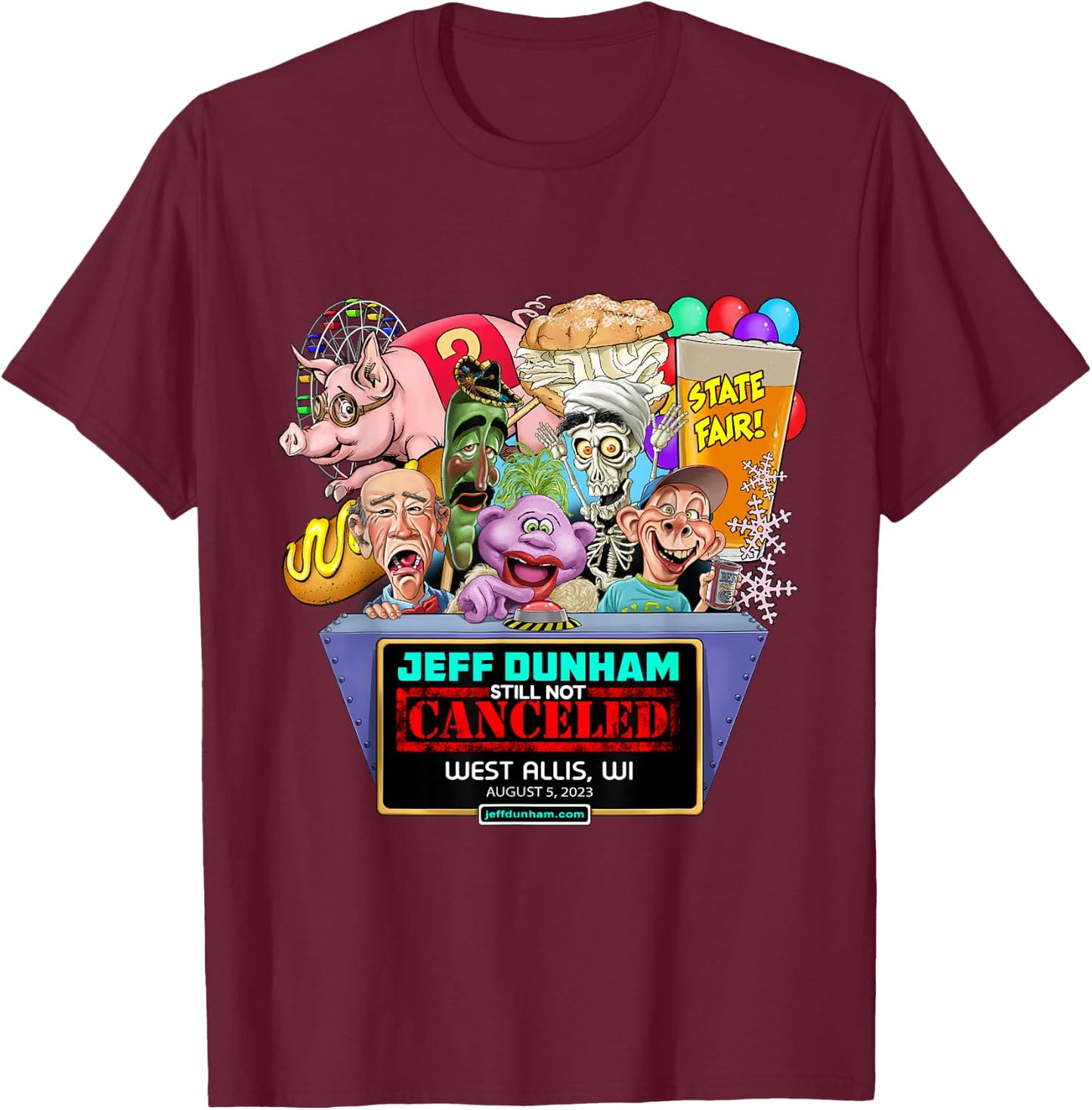 Jeff Dunham West Allis, WI (2023) T-Shirt - T-Shirt | Maroon