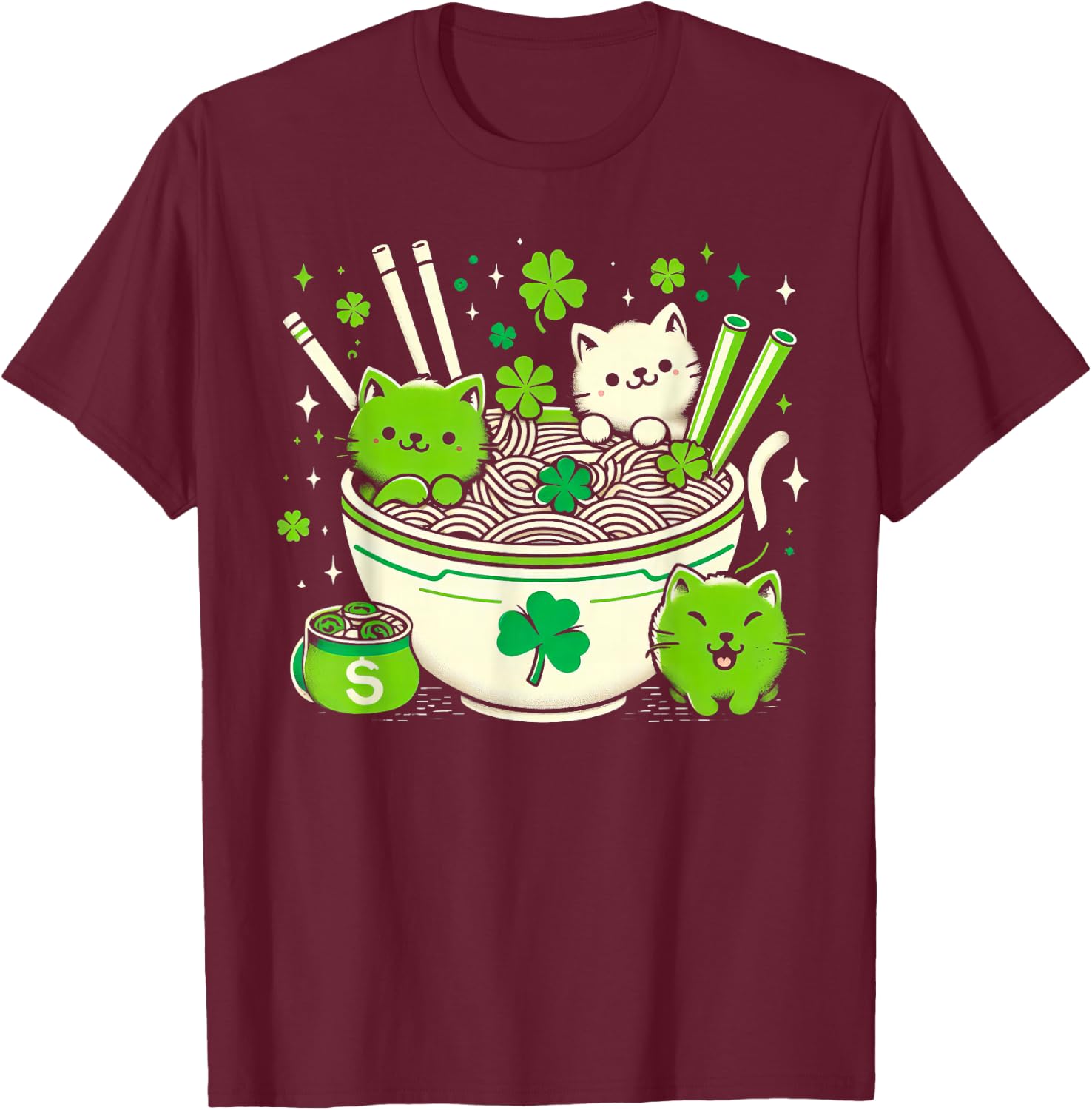 Irish Ramen Cats Cute Anime St Patrick's Day Women Girls T-Shirt - T-Shirt | Maroon