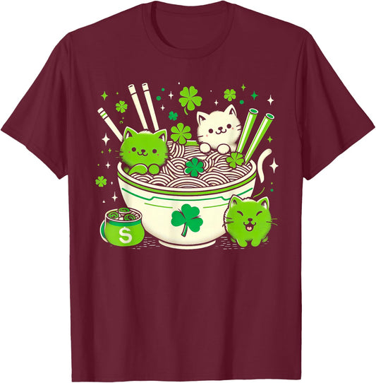 Irish Ramen Cats Cute Anime St Patrick's Day Women Girls T-Shirt - T-Shirt | Maroon