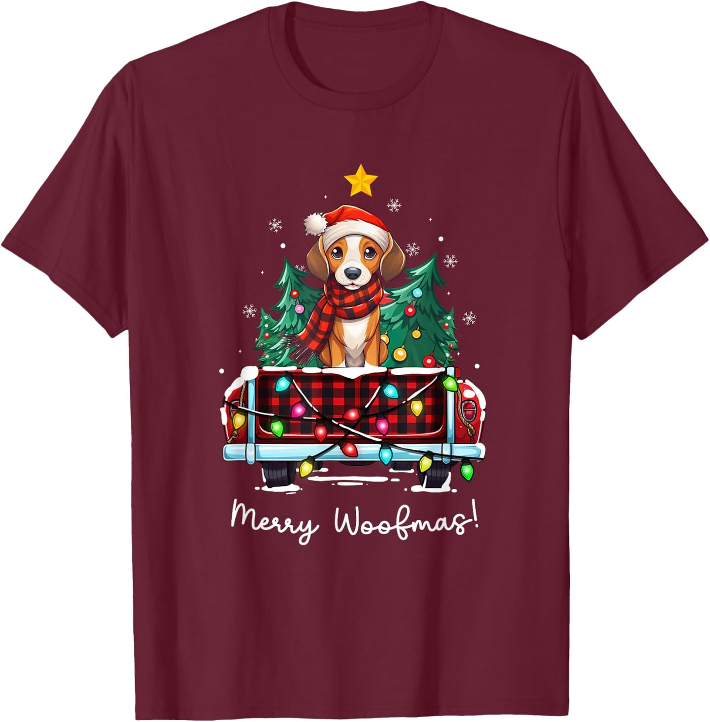 American Foxhound Christmas Dog Truck Plaid Funny Xmas Tree T-Shirt - T-Shirt | Maroon