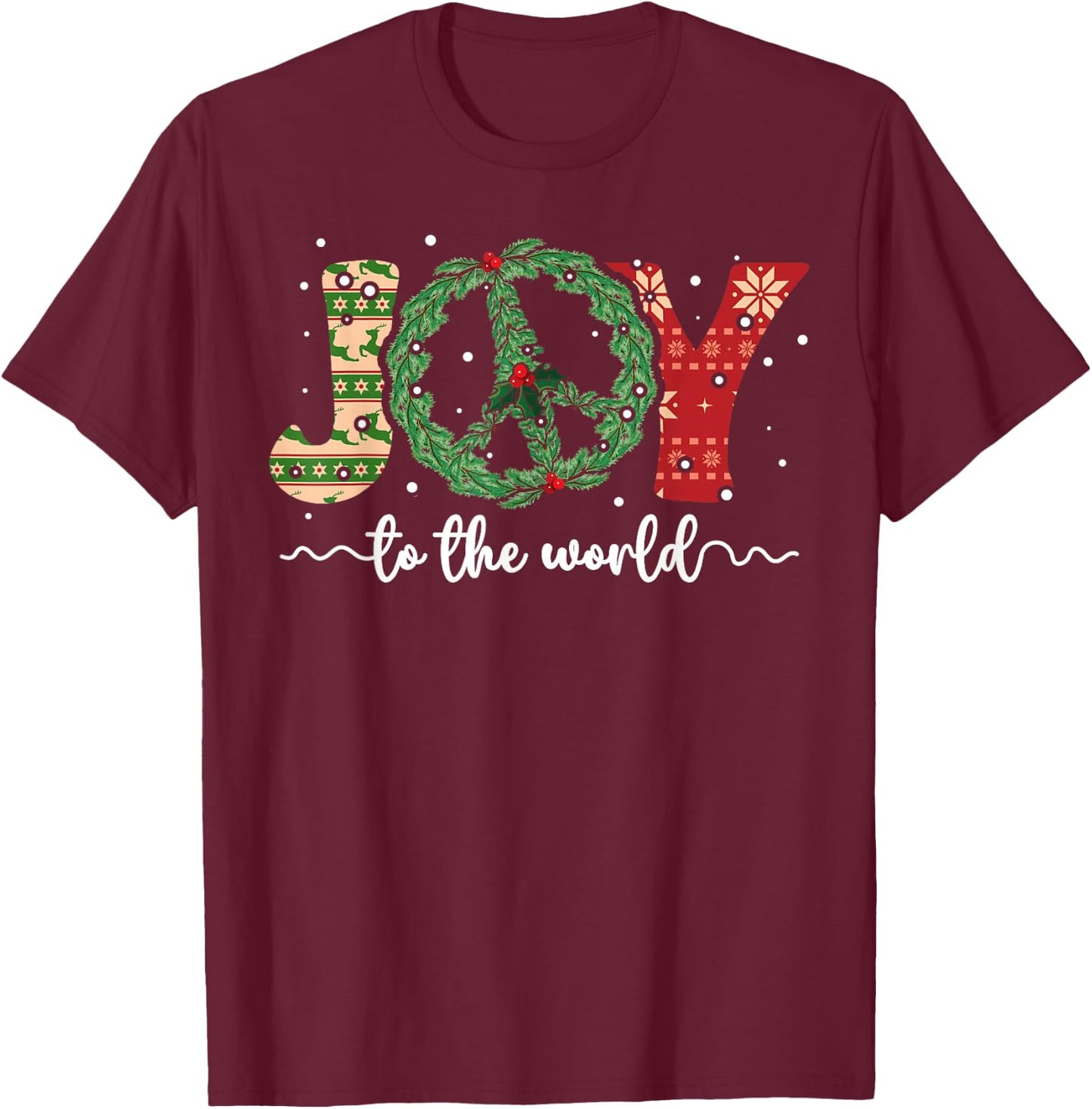 Joy to the World Peace Sign Christmas Retro 70s 80s Hippie T-Shirt - T-Shirt | Maroon