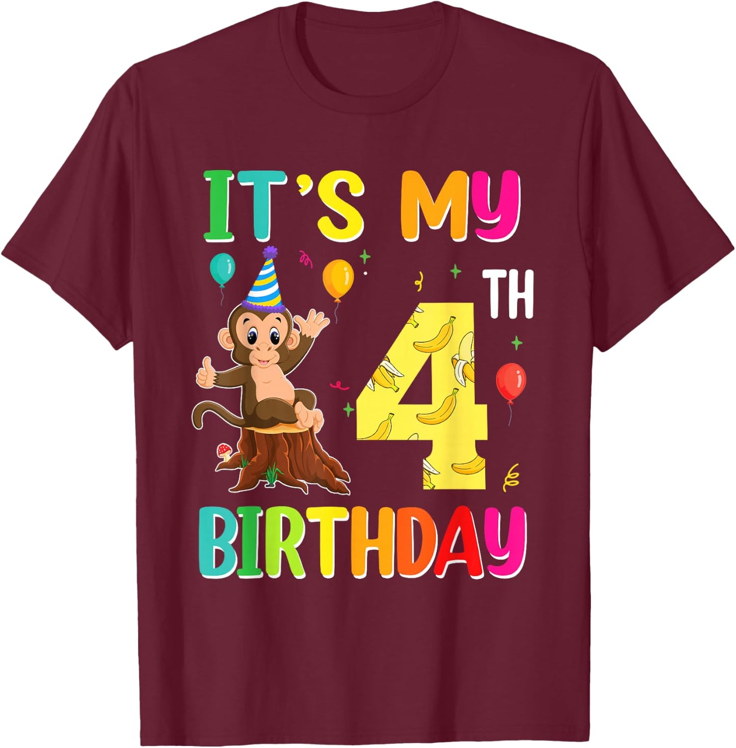 It's My 4th Birthday Monkey 4 Year Old Boy Girl T-Shirt - T-Shirt | Maroon