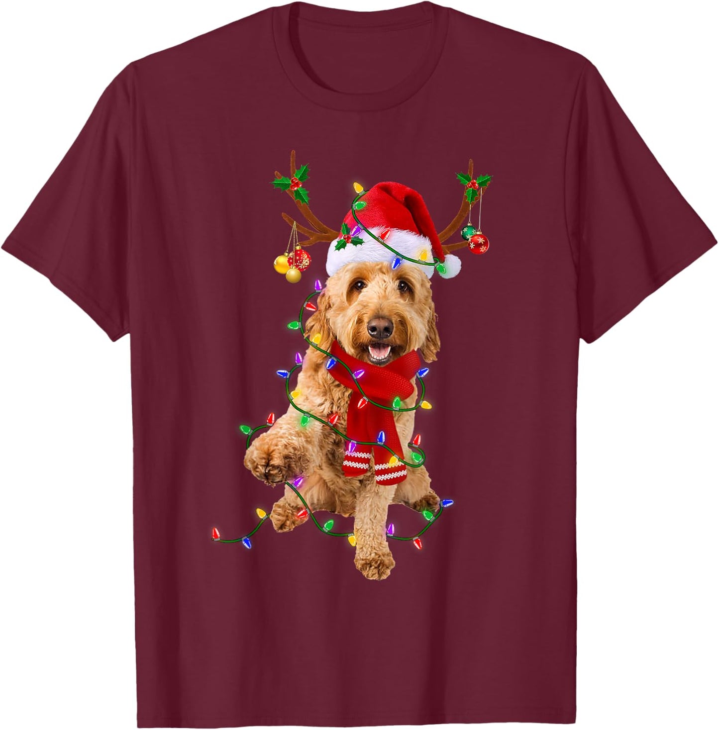 Funny Goldendoodle Dog Tree Christmas Lights Pajama Men Women Kids T-Shirt - T-Shirt | Maroon