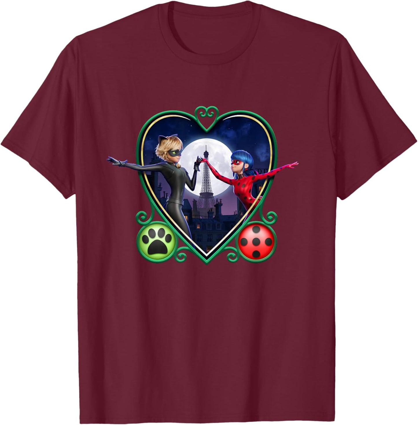 Miraculous Ladybug and Cat Noir The Movie Heart T-Shirt - T-Shirt | Maroon