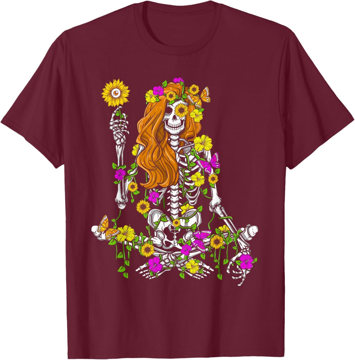 Skeleton Hippie Flowers Sunflower Lover Women Halloween T-Shirt - T-Shirt | Maroon