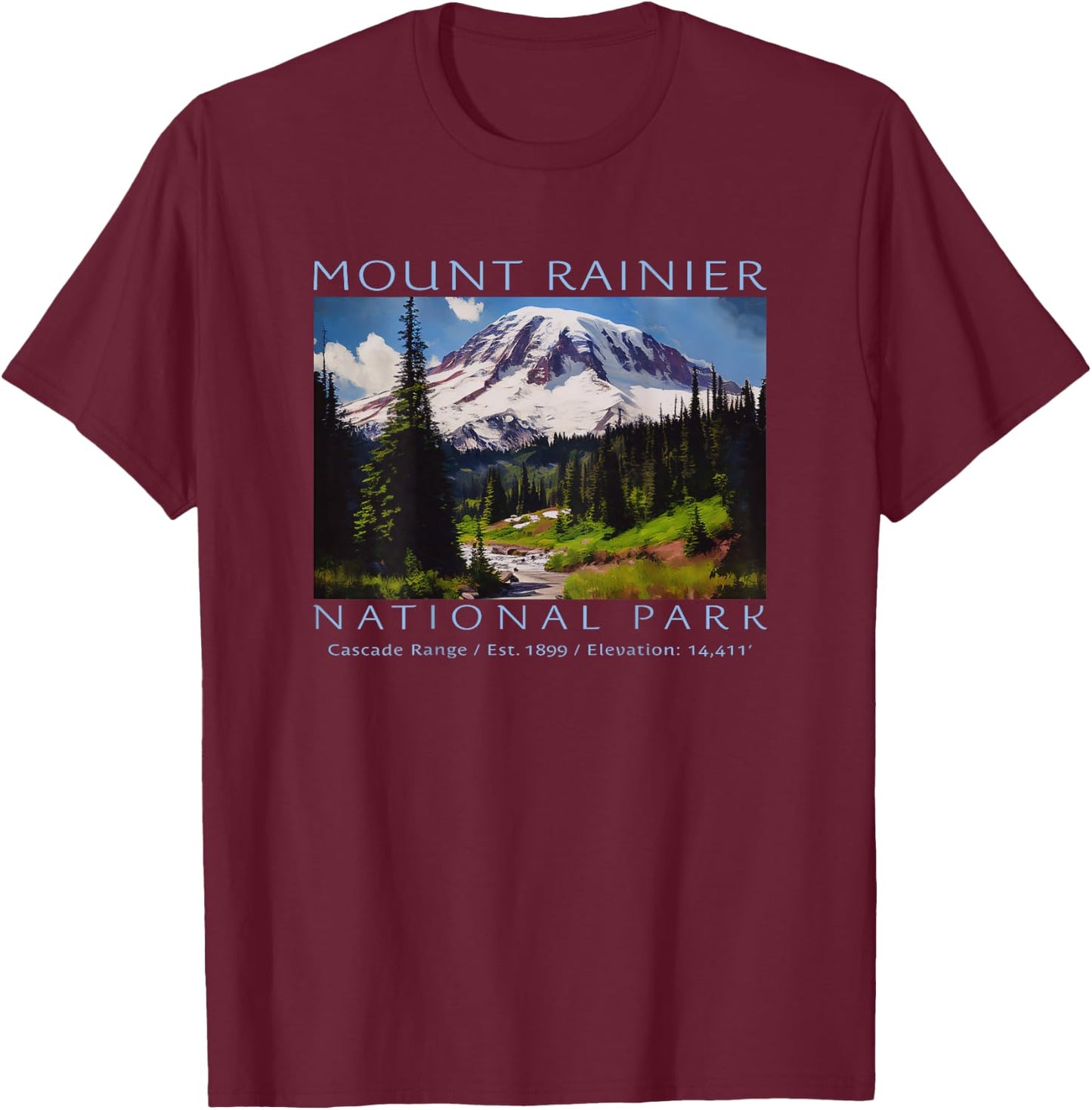 Mt. Rainier National Park Mountain Souvenir PRINTS ON BACK T-Shirt - T-Shirt | Maroon