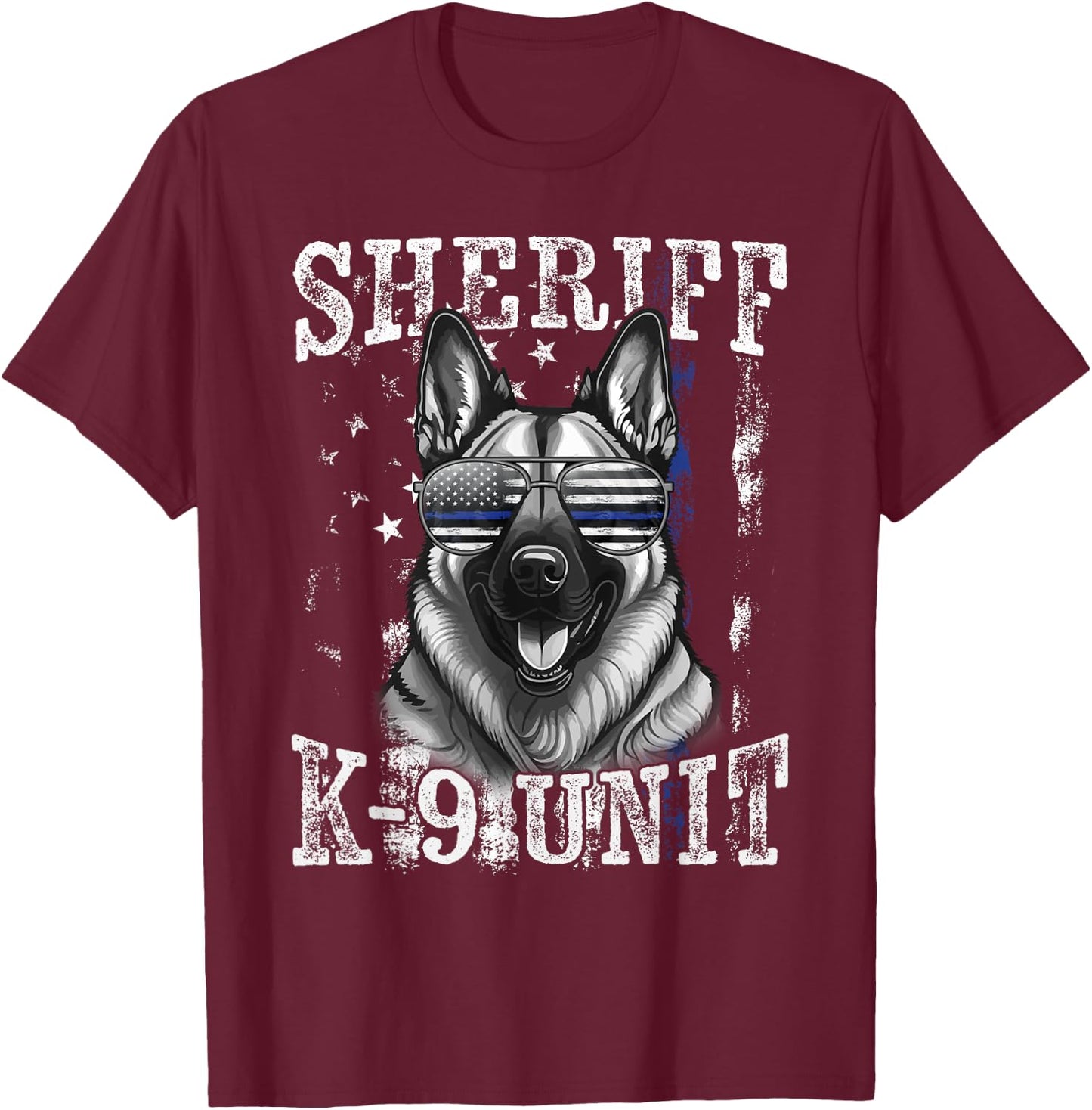 Blue Line American Flag German Shepherd Dog Sheriff K-9 Unit T-Shirt - T-Shirt | Maroon