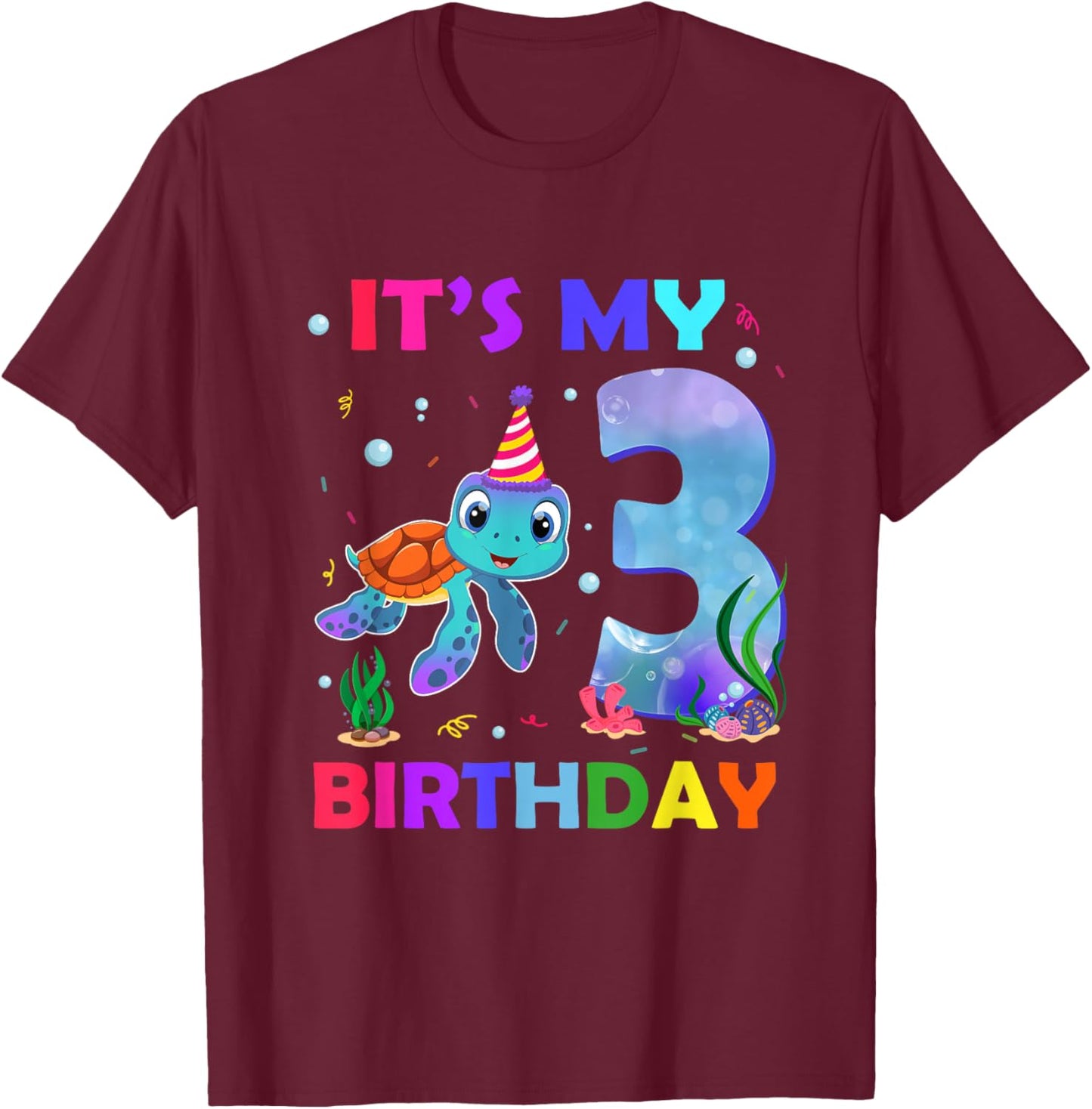 Its My 3rd Birthday Sea Turtle 3 Year Old Ocean T-Shirt - T-Shirt | Maroon
