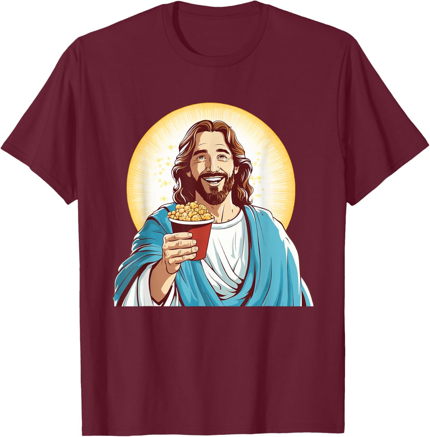 Funny Movie Night with Jesus and Popcorn Box Costume T-Shirt - T-Shirt | Maroon