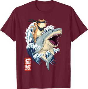 Samurai Cat Shirt - Retro Ninja Japanese Cat Shark Kanagawa T-Shirt - T-Shirt | Maroon