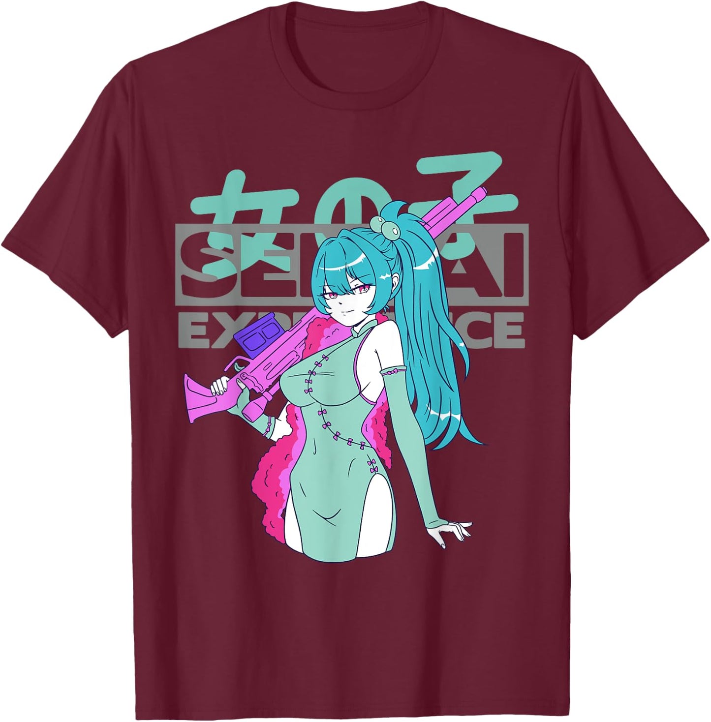 Sexy Waifu Anime Girl with Sniper Rifle and Blue Hair Senpai T-Shirt - T-Shirt | Maroon