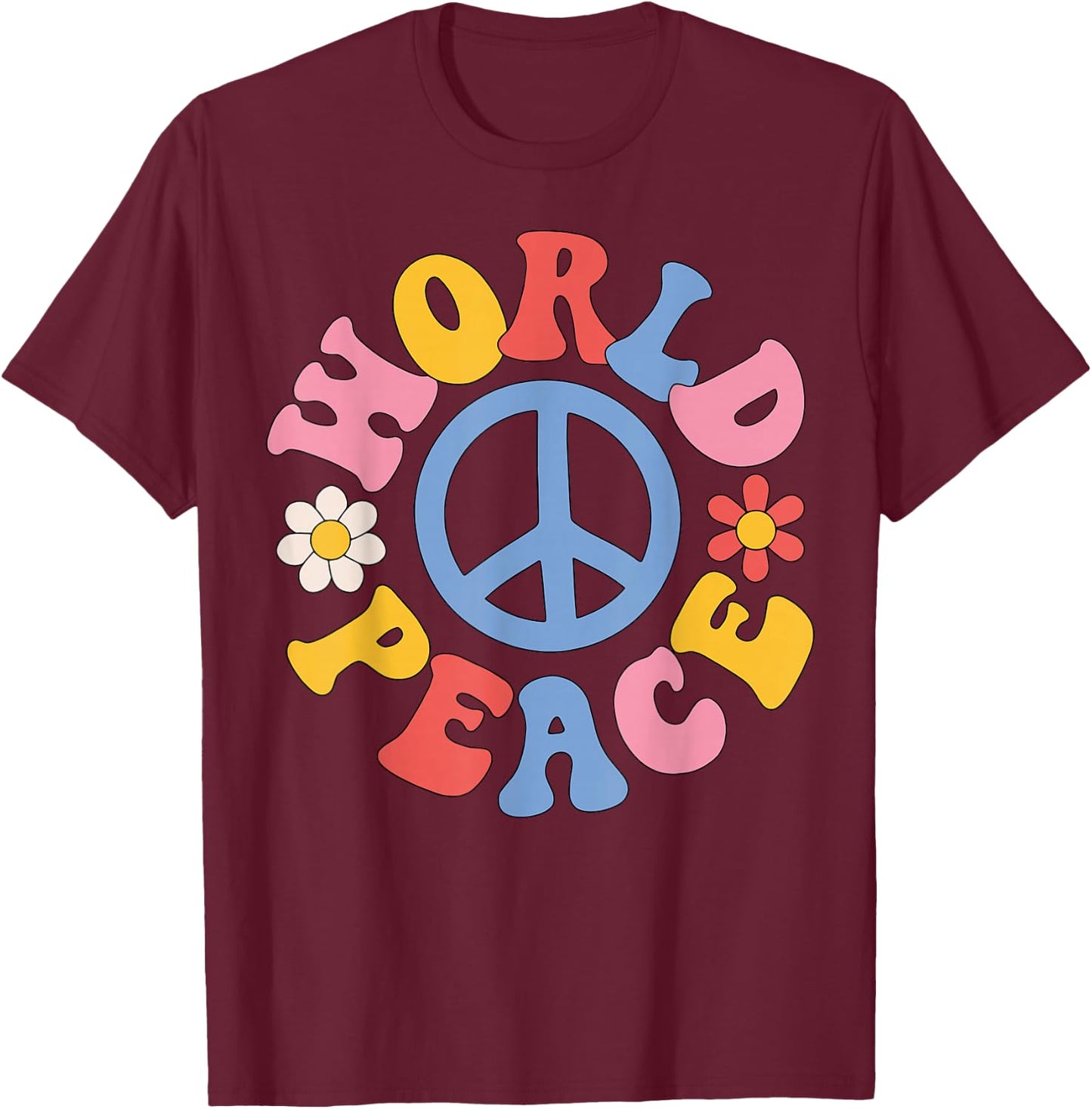 Peace Sign World 60's Retro Design Groovy 70s Hippie T-Shirt - T-Shirt | Maroon