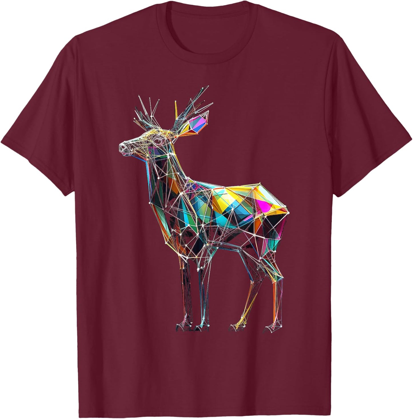 Deer Polygon Artwork | Geometric Colorful Animal Motif Deer T-Shirt - T-Shirt | Maroon