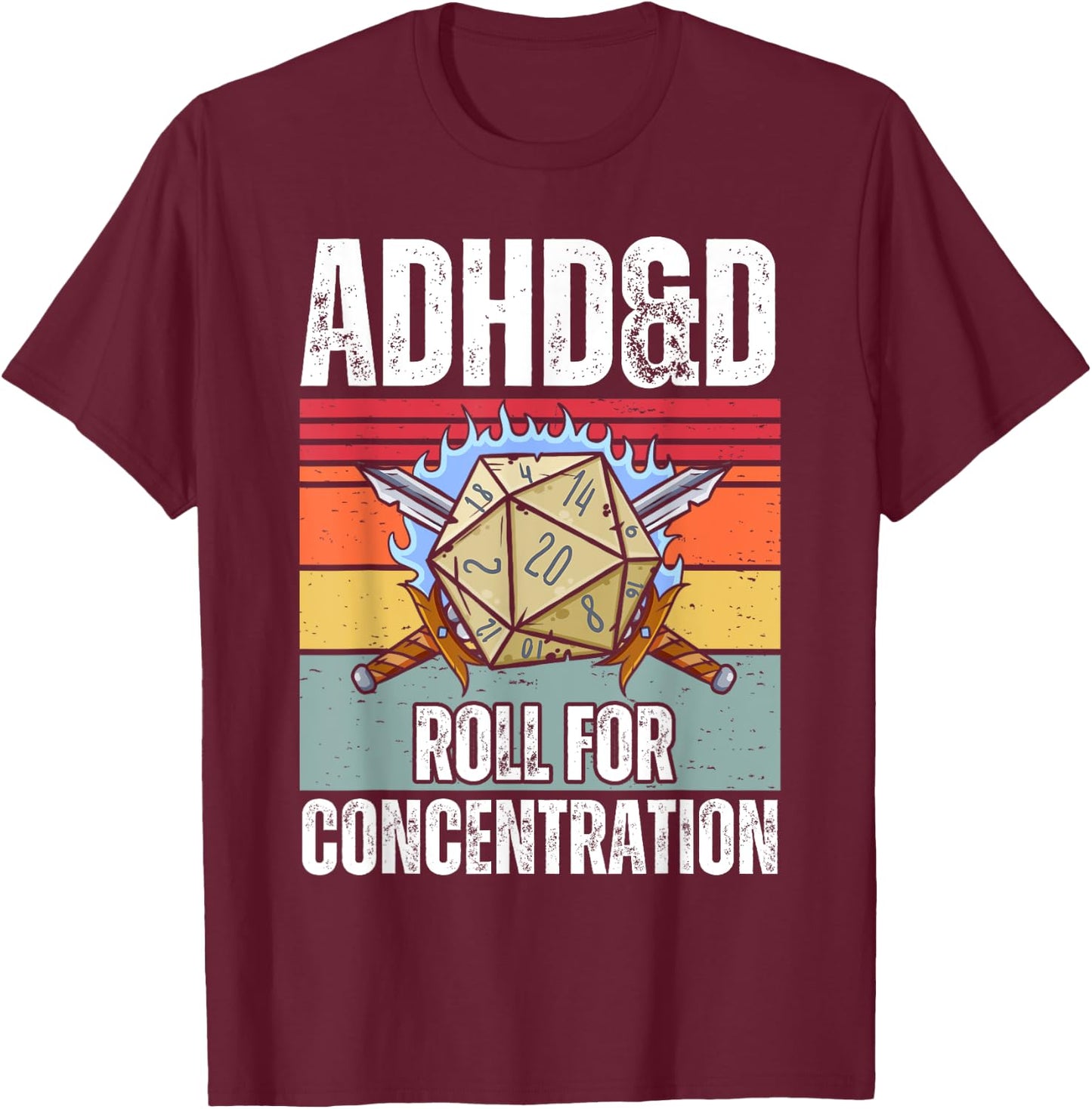 Retro Vintage ADHD&D Roll For Concentration Funny Gamer T-Shirt - T-Shirt | Maroon