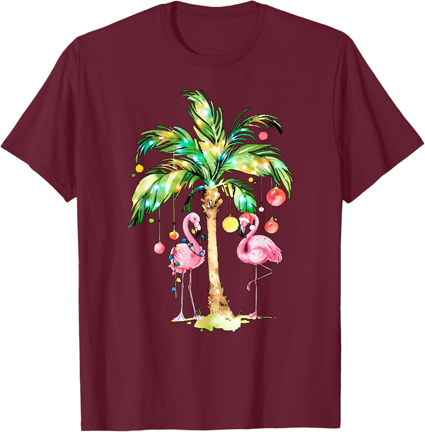 Pink Flamingo Christmas Palm Tree Tropical Xmas Holiday T-Shirt - T-Shirt | Maroon