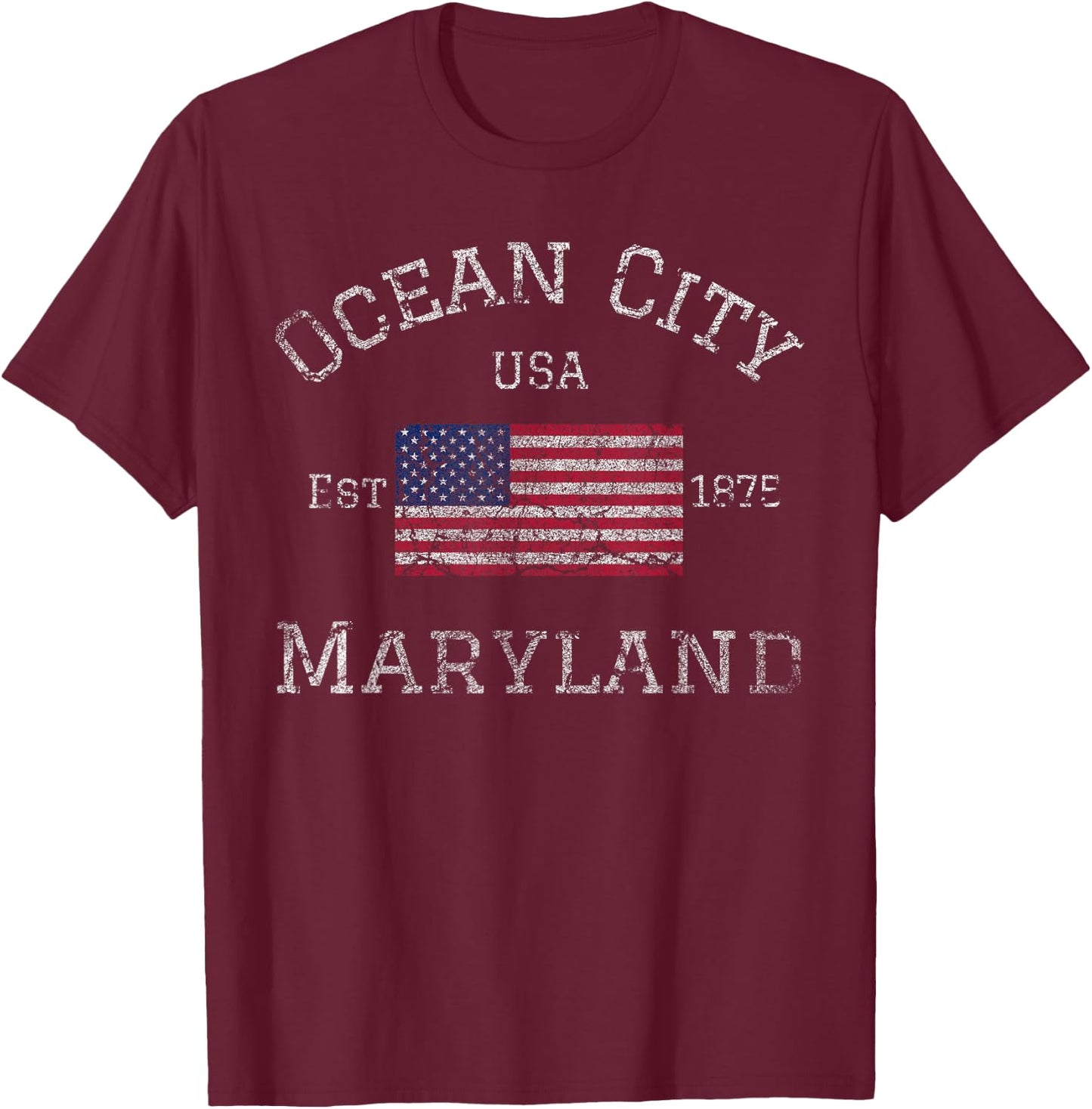 Ocean City Maryland American Flag USA Established MD Vintage T-Shirt - T-Shirt | Maroon